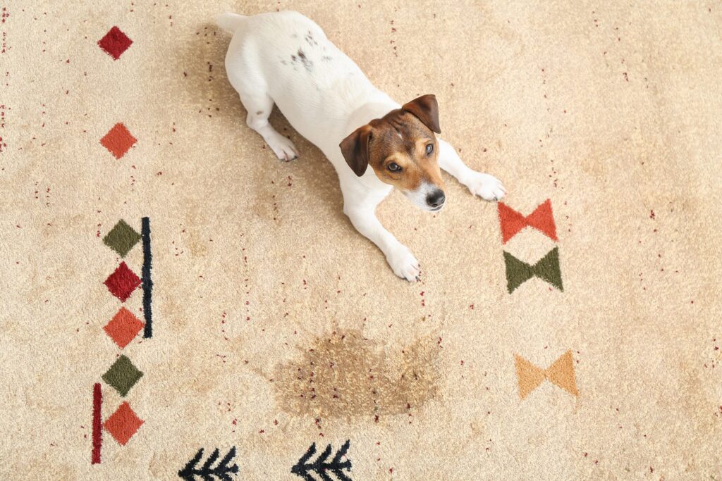 A dog sitting next to a stain on a light-colored Oriental rug, indicating a need for cleaning.